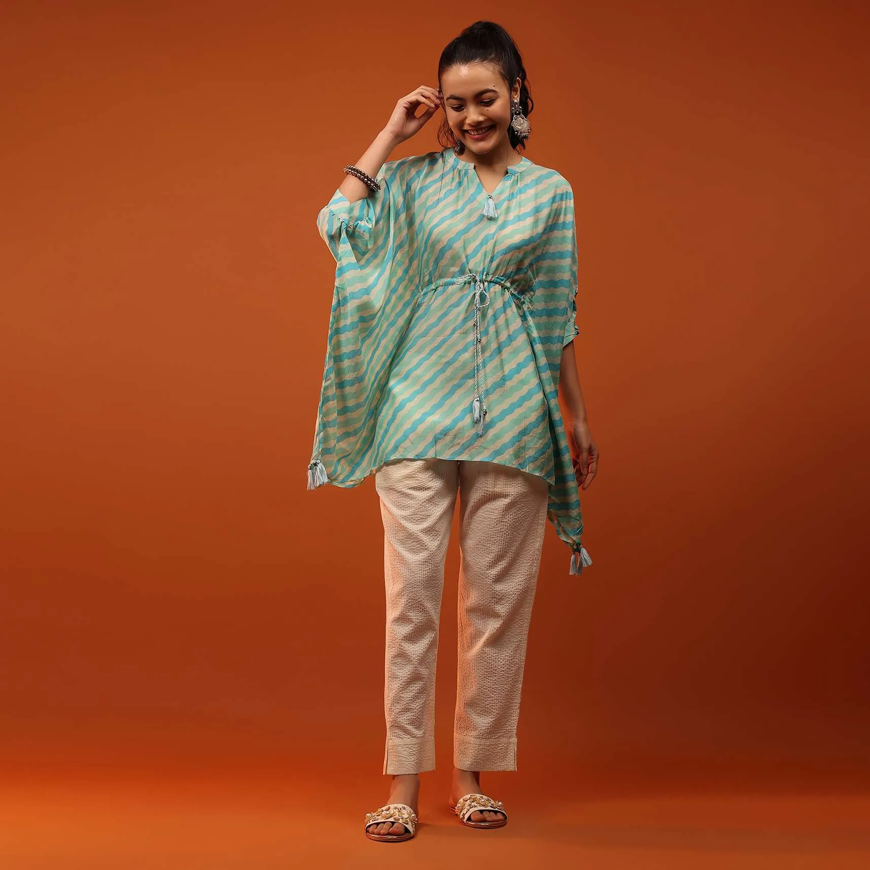 Green And Blue Kaftan With Tassels On Chevron Print