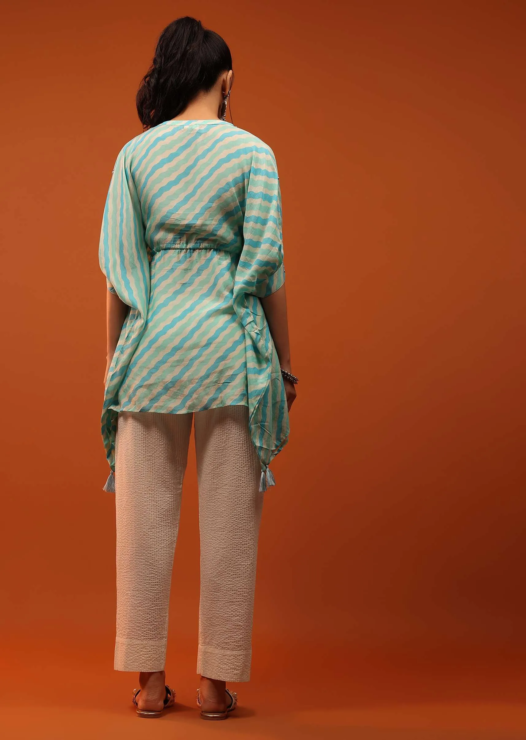 Green And Blue Kaftan With Tassels On Chevron Print