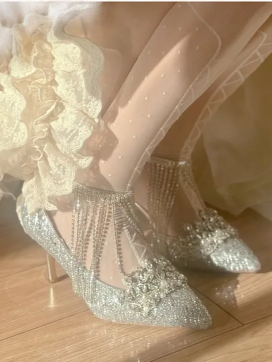 Silver Pointed Toe Rhinestone Sequin High Heels with Tassel