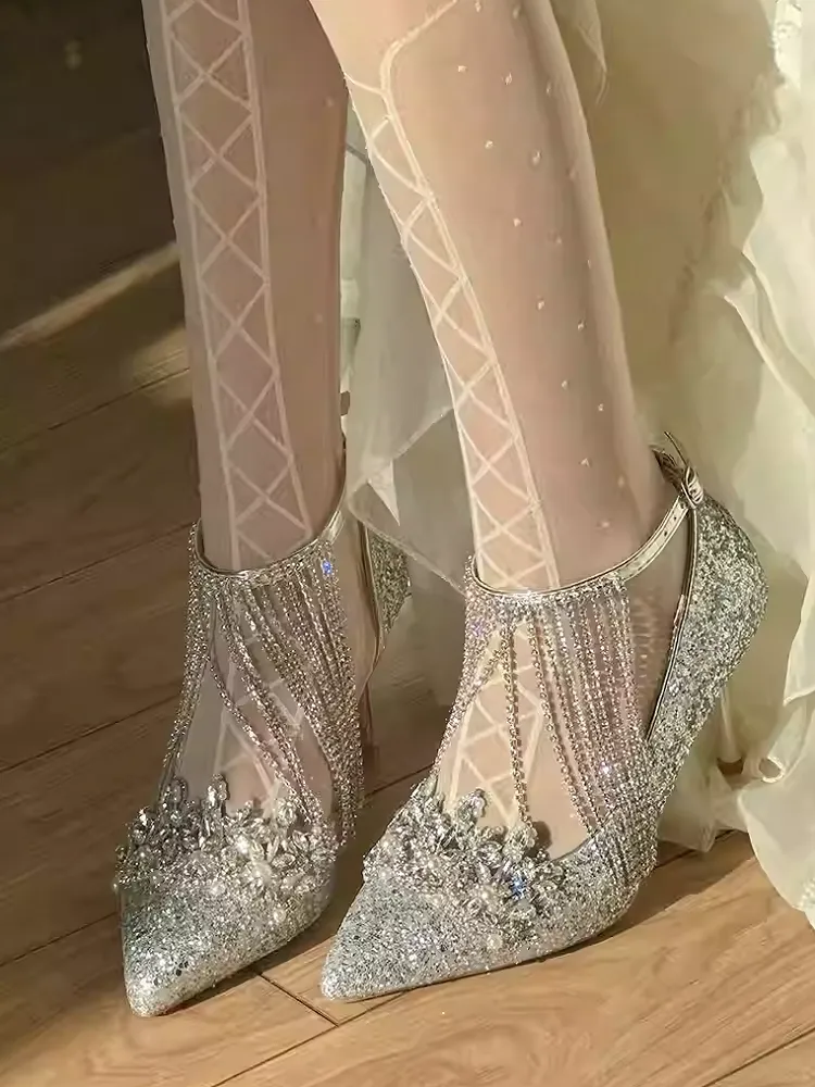 Silver Pointed Toe Rhinestone Sequin High Heels with Tassel