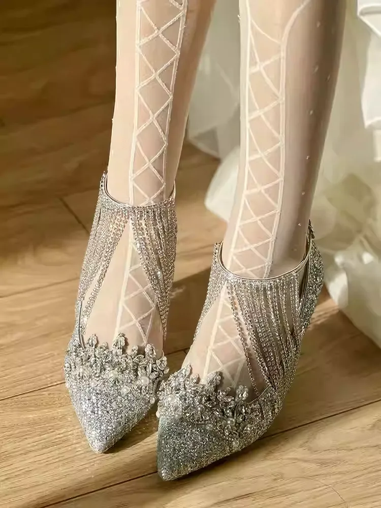 Silver Pointed Toe Rhinestone Sequin High Heels with Tassel