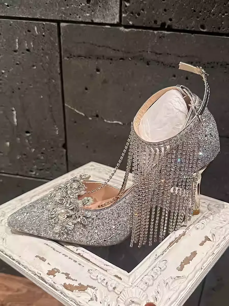 Silver Pointed Toe Rhinestone Sequin High Heels with Tassel