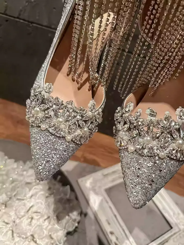Silver Pointed Toe Rhinestone Sequin High Heels with Tassel